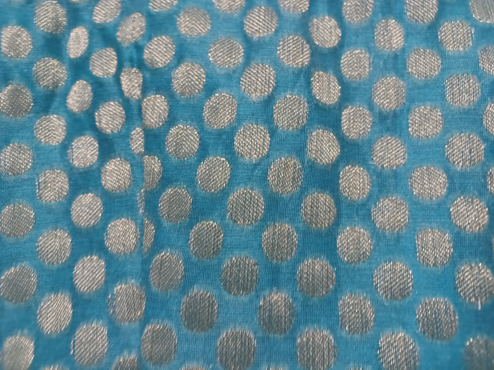 Turquoise Blouse: Bangladeshi Taat Jute Silk With Gold Polkadots