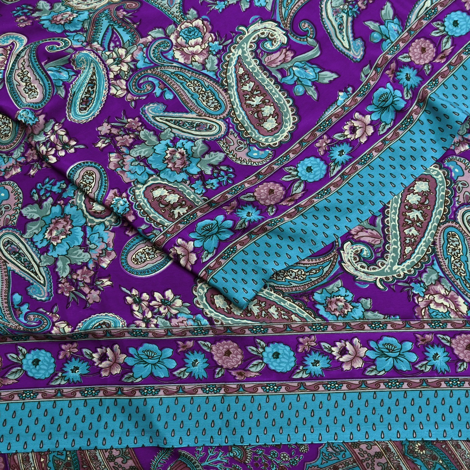 Indian Vintage Purple & Blue Moss Crepe Saree Printed Floral Sari Fabric 6 Yards