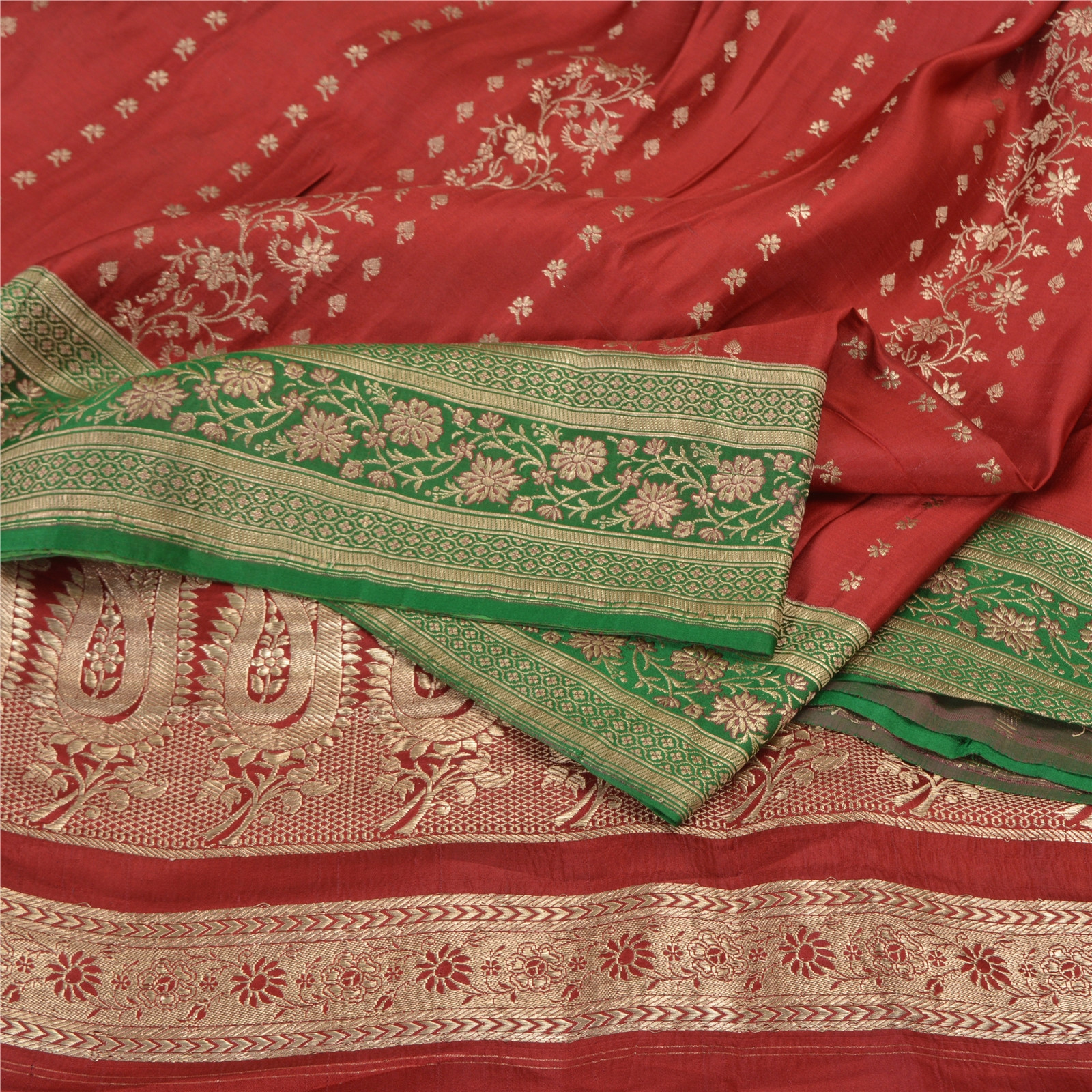 Sanskriti Vintage Red Soft Pure Satin Saree Banarasi Brocade Zari Hand-Woven 5YD