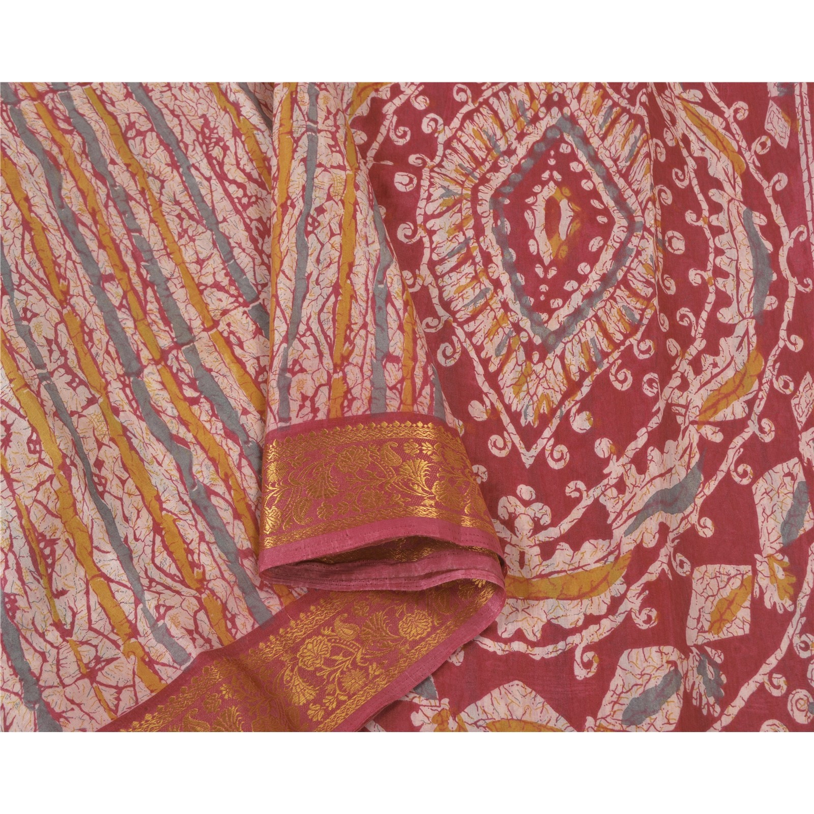 Sanskriti Vintage Pink Sarees Cotton Batik Printed Woven Sari Craft 5 Yd Fabric