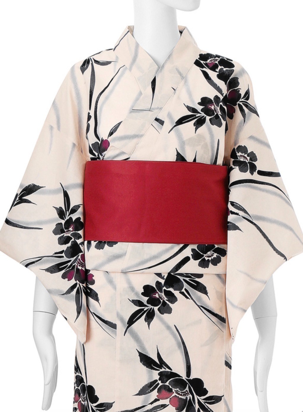 Japanese Yukata Set Women Cotton Kimono Summer Festival Floral Ivory Obi Belt