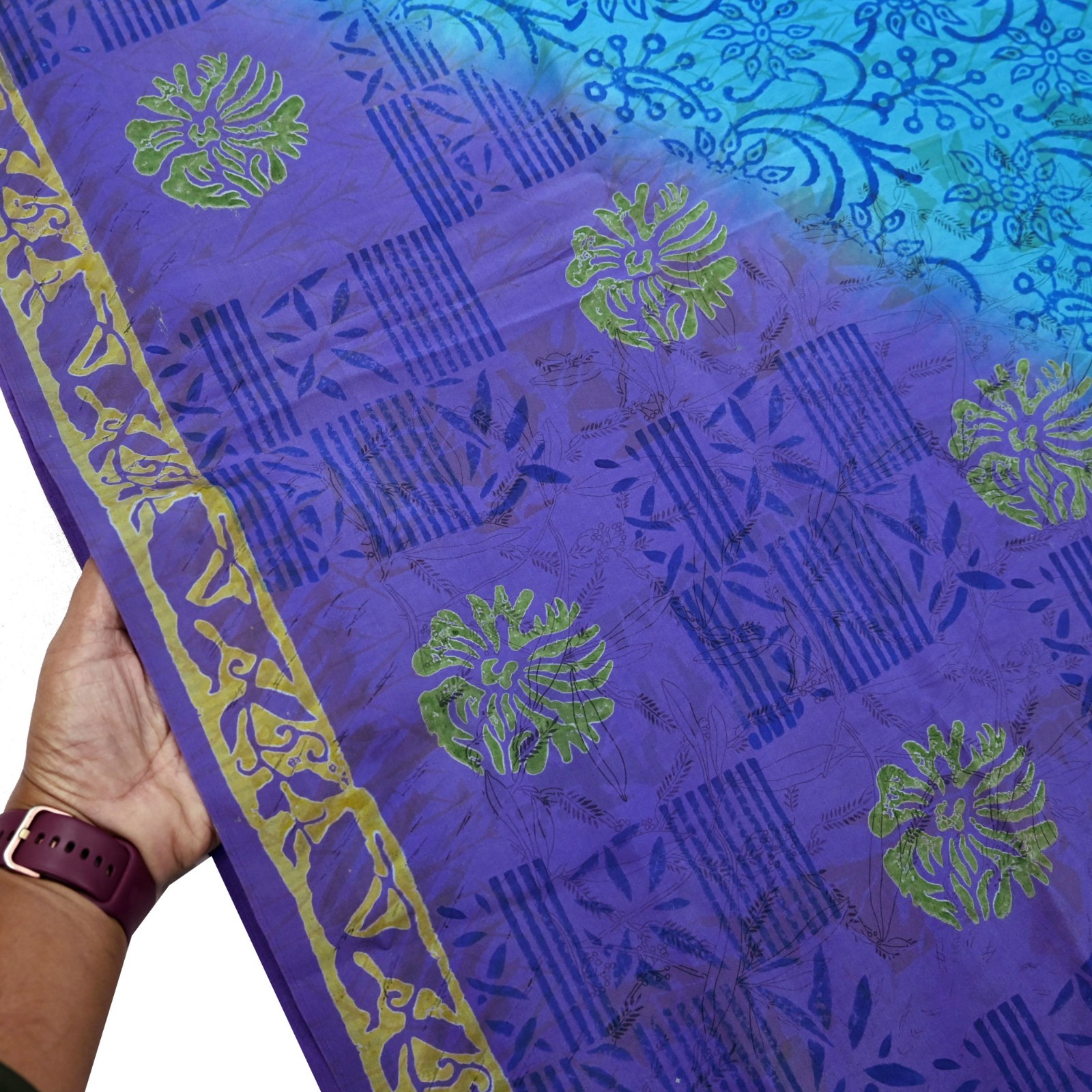 Vintage Sari Purple & Blue Pure Silk Printed Saree 6yd Sewing Craft Fabric Soft