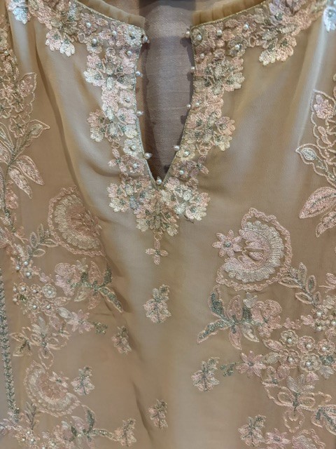 PAKISTANI 3 PC PANT SUIT BEIGE WITH EMBRIDERY AND PEARLS