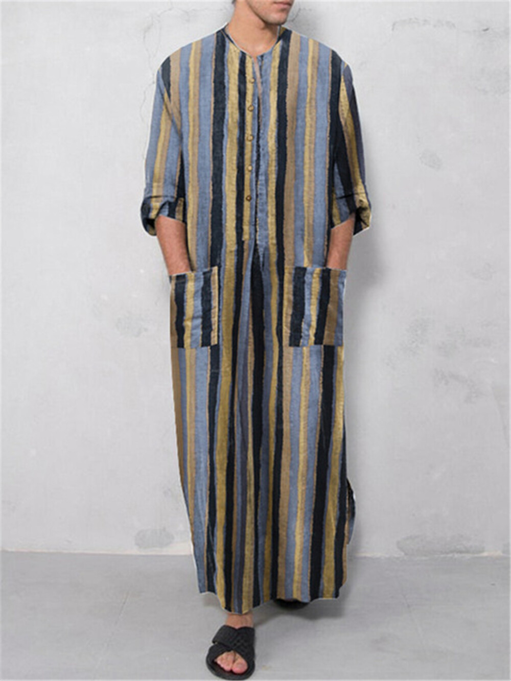 Men’s Middle Eastern Clothes Long Sleeve Muslim Islamic Round Neck Flax Kaftan