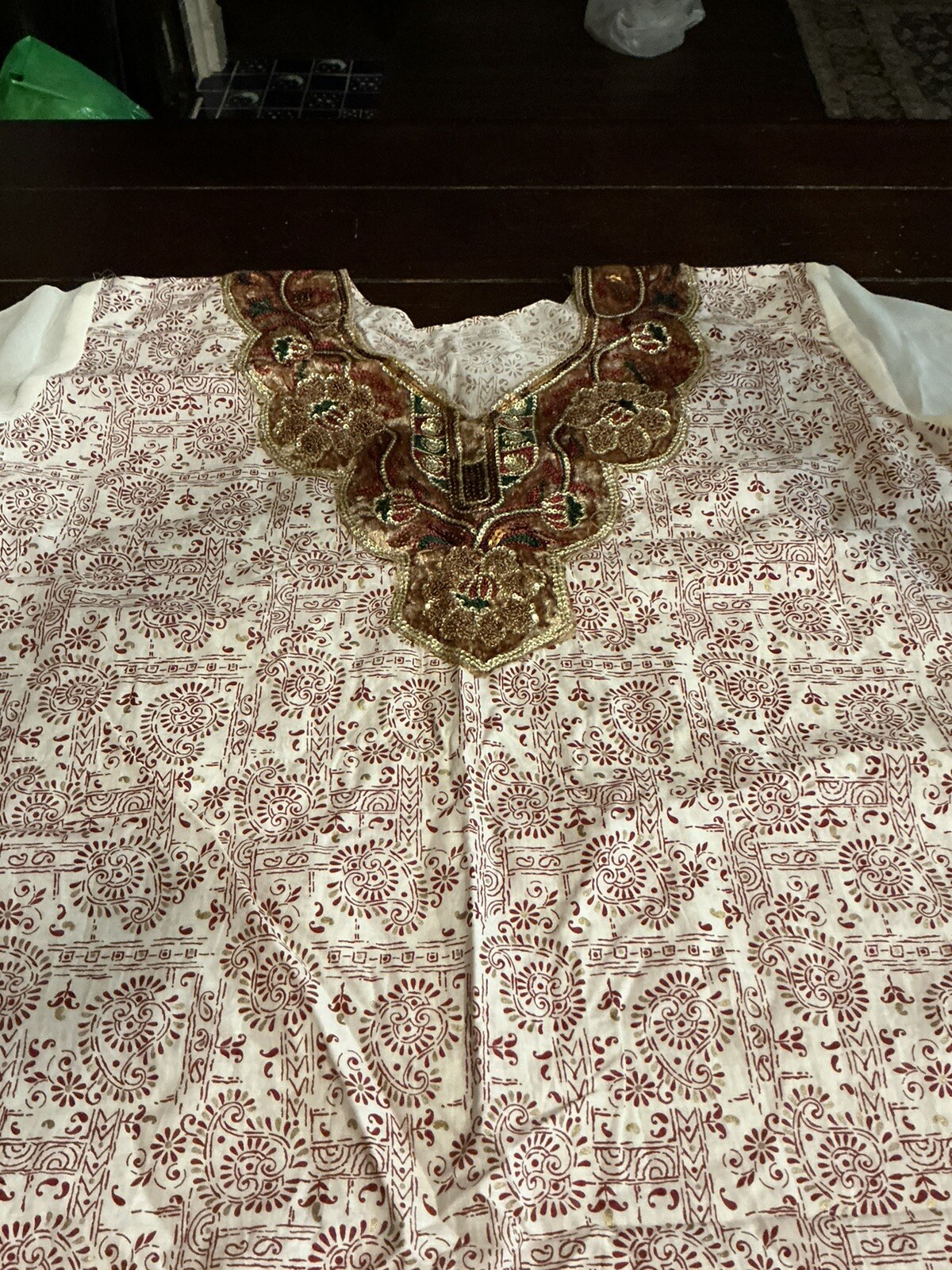 chiffon sleeve, sequined, paisley print cotton kurti, tunic, 37″ long, bust 46″,