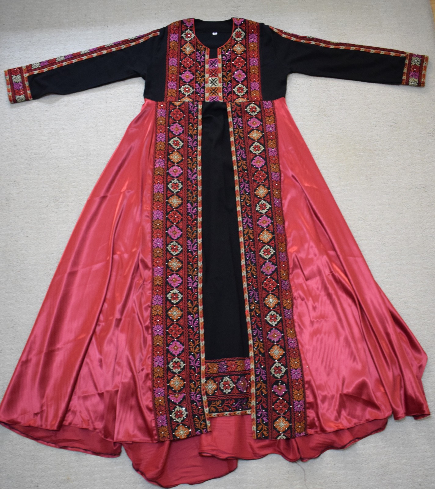 Palestinian Tatreez Thobe Black Red Satin Bedouin Embroidered Kaftan