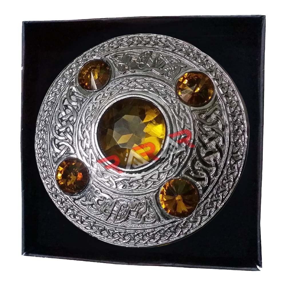 Scottish Men’s Kilt Fly Plaid Brooch Highland Celtic Yellow Stones Silver 4″ AAR