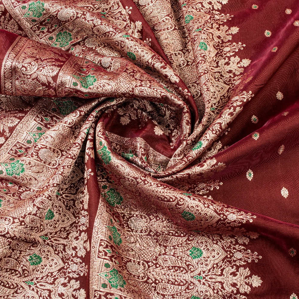 Sanskriti Vintage Red Satin Sarees Zari Hand Woven Brocade Banarasi 5+Yd Fabric