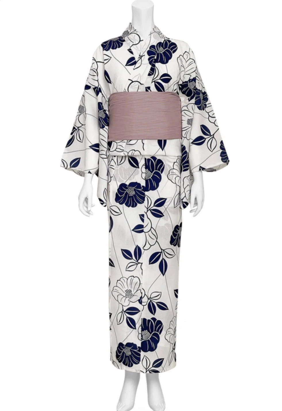 Japanese Yukata Set Women Polyester Kimono Summer White Navy Floral Obi Belt