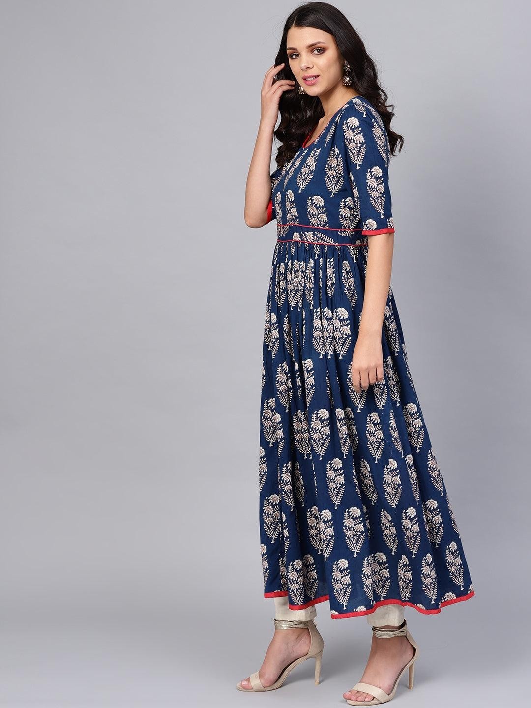 Royal Blue Printed Floor Length Anarkali Kurta for Women Ethnic Wear Plus Size