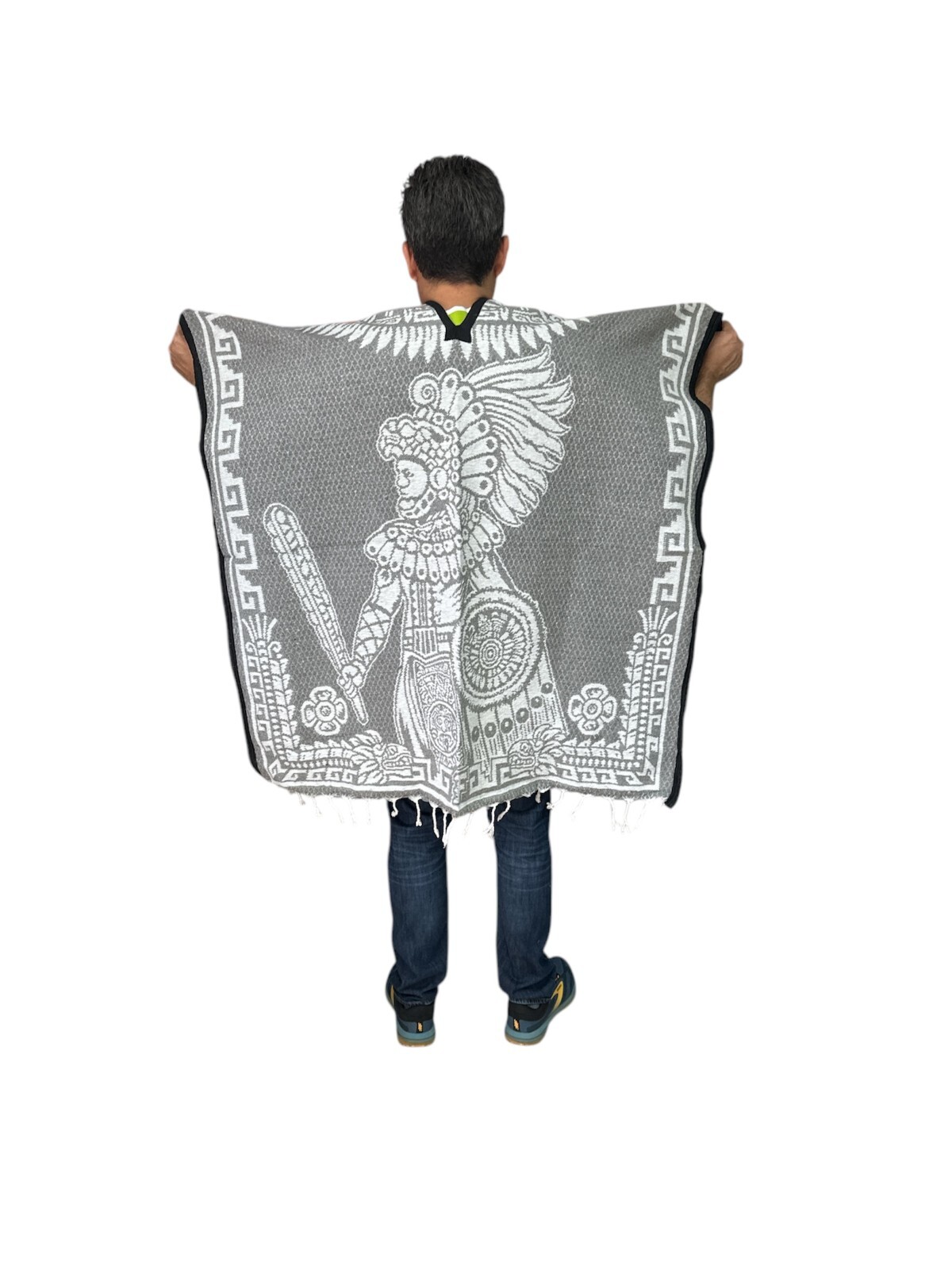 XXXL MEXICAN PONCHO , QUETZALCOATL , ONE SIZE , GABAN , LIGHT GRAY & WHITE