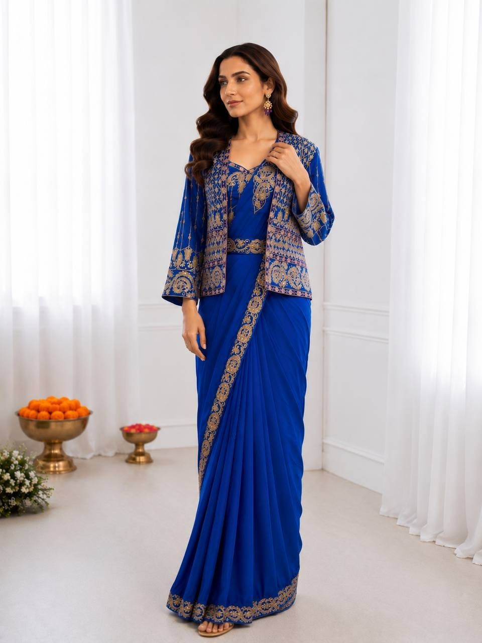 Wedding Reception Ready to Wear Crepe Silk Saree with Embroidered Jacket