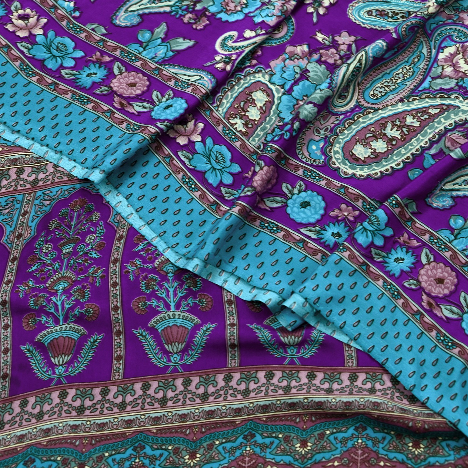Indian Vintage Purple & Blue Moss Crepe Saree Printed Floral Sari Fabric 6 Yards