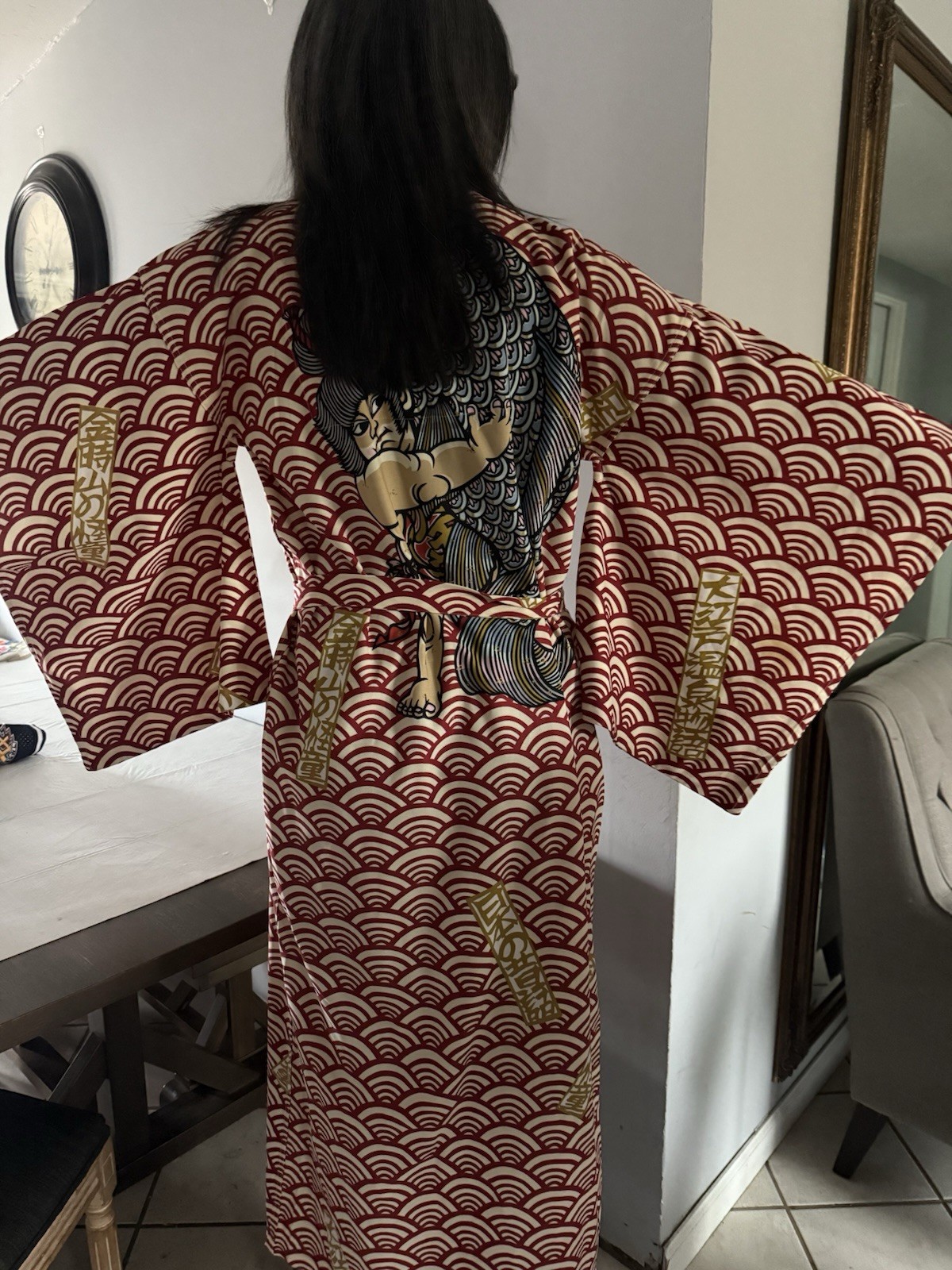 Kimono Multi-Color Red Wave Pattern with Sumo and Fish Design Size 170