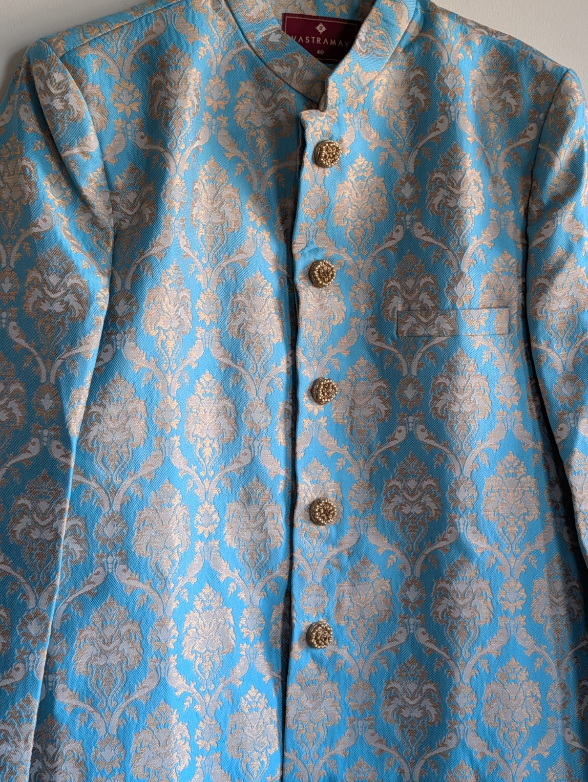Sherwani Indo Western Set Aqua Gold Mandarin Neck Party Wedding Wear 42 “x 21”