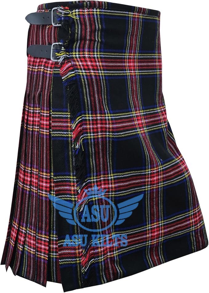 Scottish Traditional Handmade Black Stewart Tartan Kilt for men Custom Size