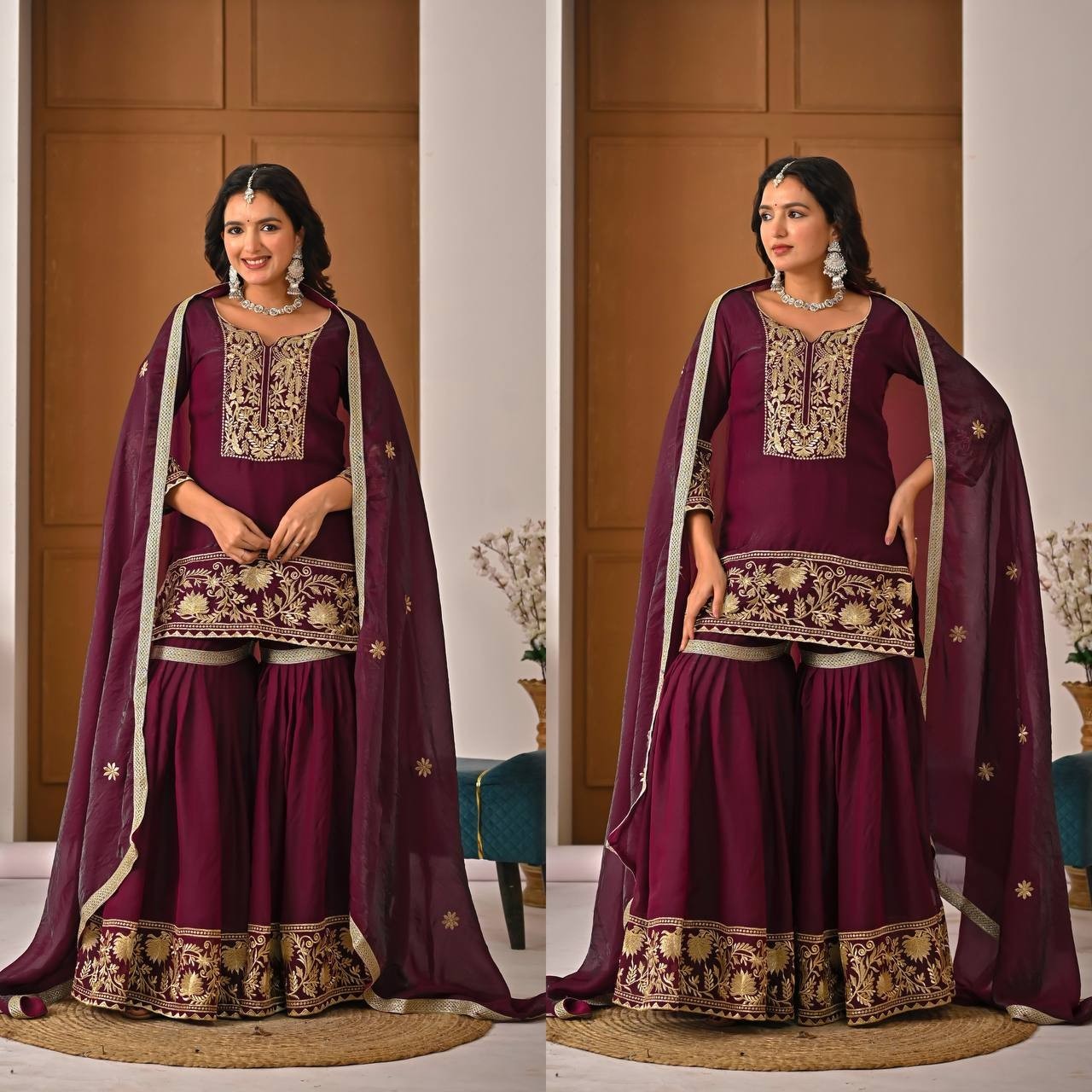 Stunning Look Maroon Silk Kurta Palazzo With Dupatta For Women & Girls