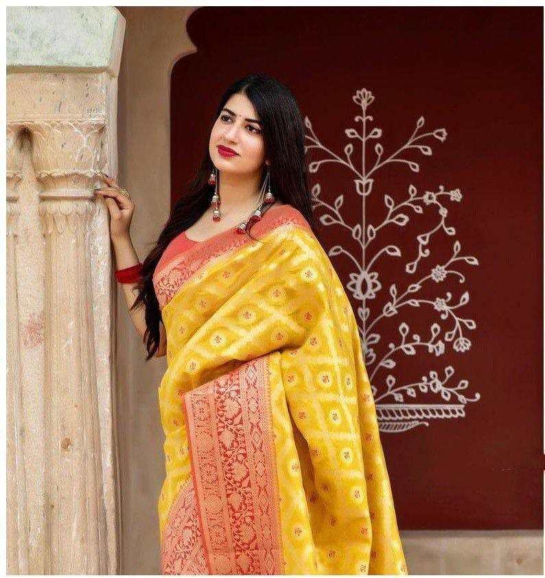 Yellow Banarasi Saree with Red Jacquard Border & Blouse Wedding Wear Indian Boll