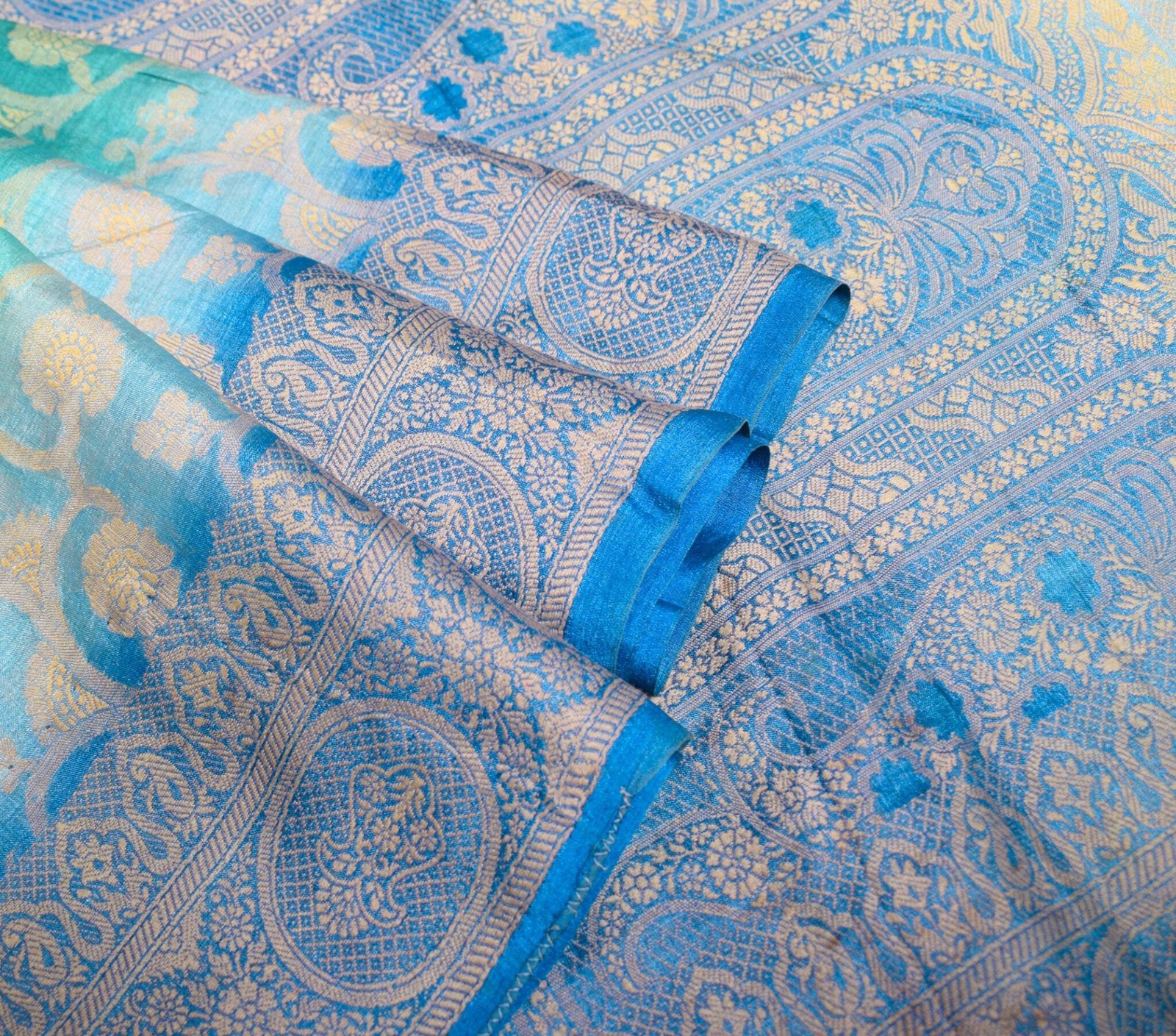 Sushila Vintage Teal Blue Saree All Over Woven Pure Tussar Silk Used Sari Fabric