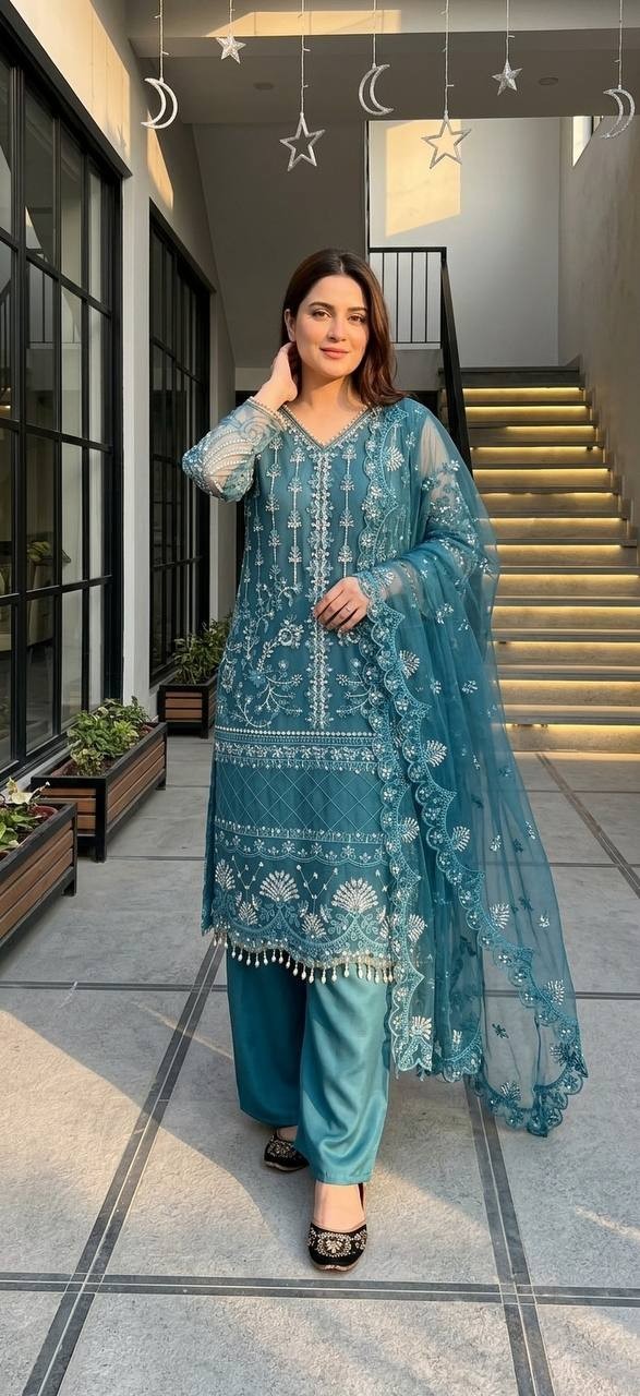 Designer Pakistani Suit Pearl hand Sequence Work Party wear Plazzo Dupatta Set