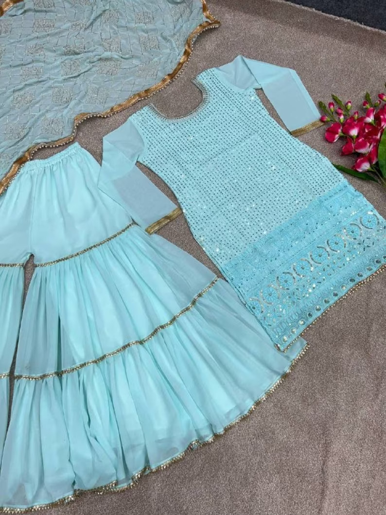 Latest Stunning Sky Blue Faux Georgette Palazzo Suit And Dupatta For Engagement