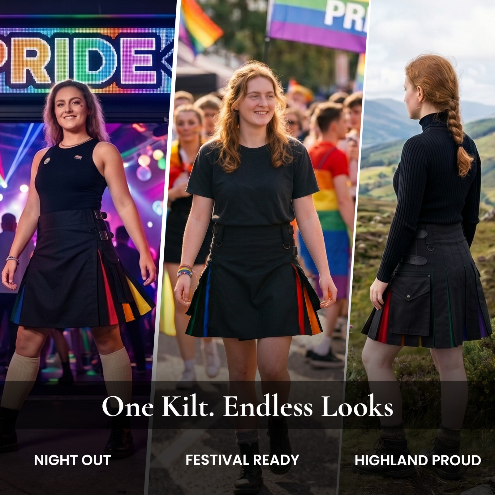 Hybrid Utility Kilts for Women Scottish Traditional Highland Rainbow Kilt