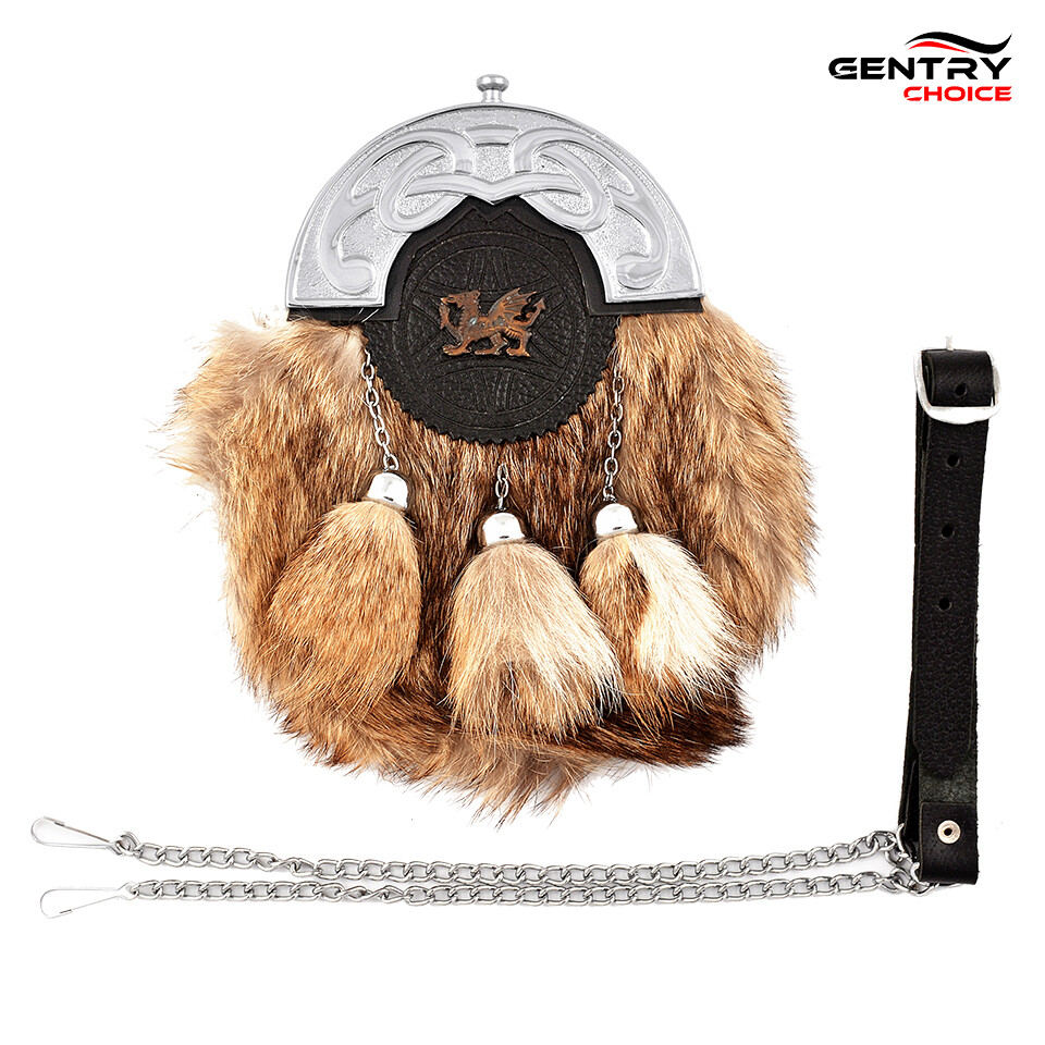 Scottish Kilt Sporran Dragon Chrome Brown Rabbit Fur Sporran Highlanders Outfit