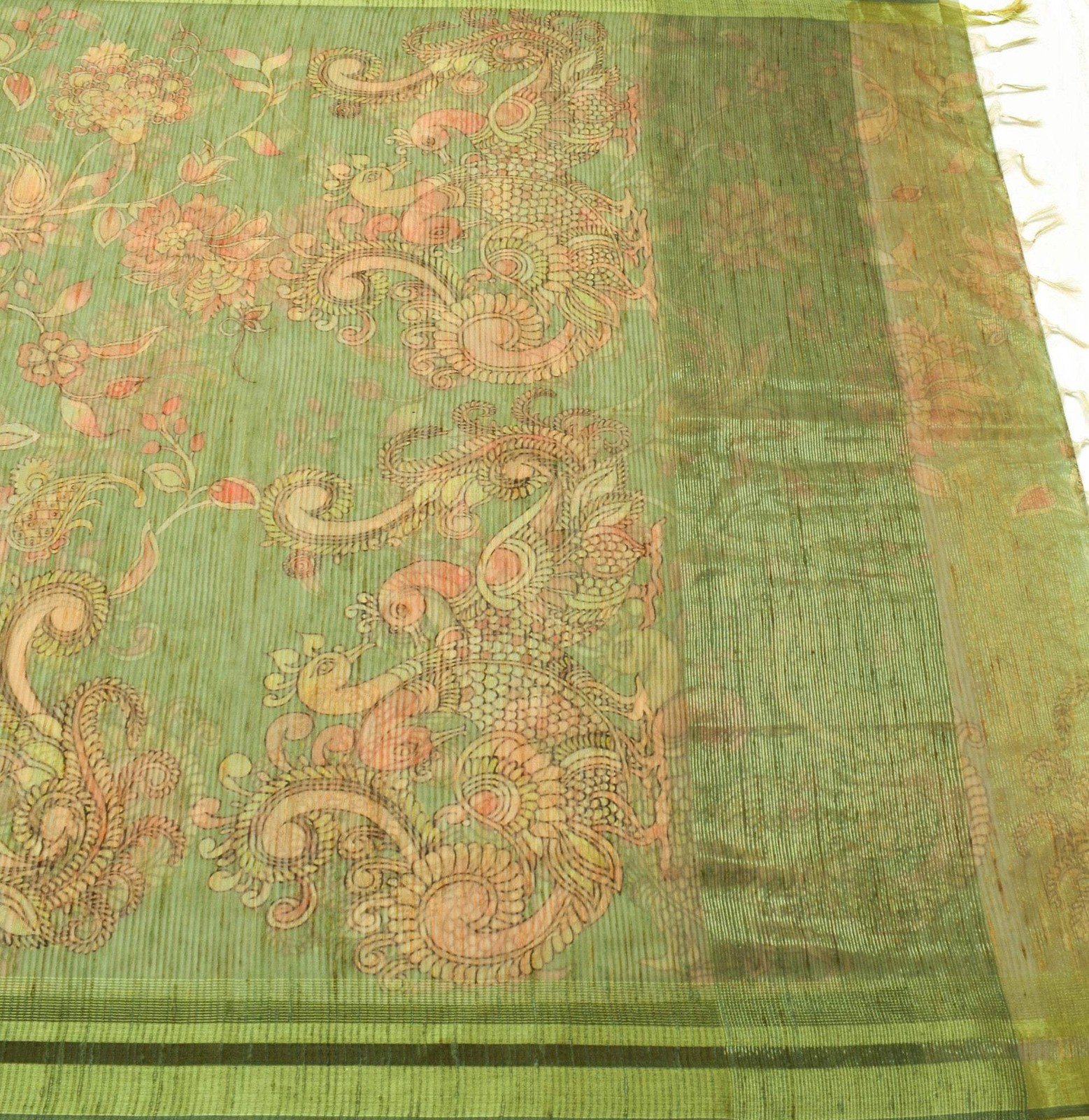 Sushila Vintage Green Silk Saree Kalamkari Printed & Woven Peacock Sari Fabric