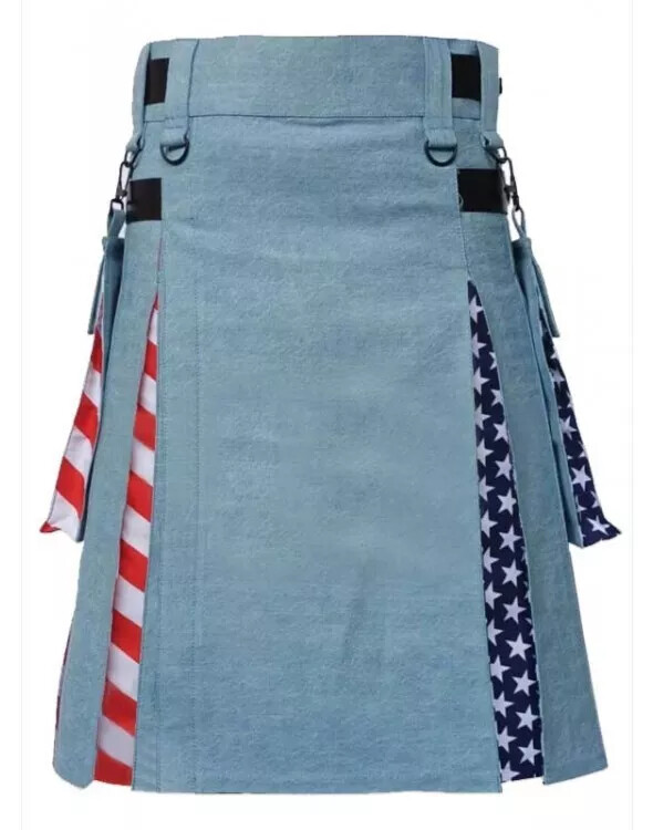 Men’s Handmade Hybrid Kilt Blue Denim USA Flag Custom Measurement-