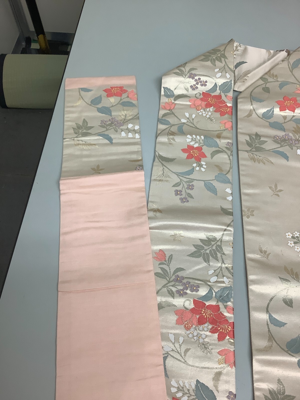 Japanese Vintage Kimono Nagoya Obi pure silk beige flower expensive 142.5×11.8in