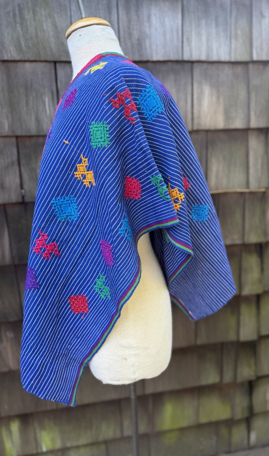 Vintage Mexican Huipil Top Blue Stripes Hand Embroidery OS