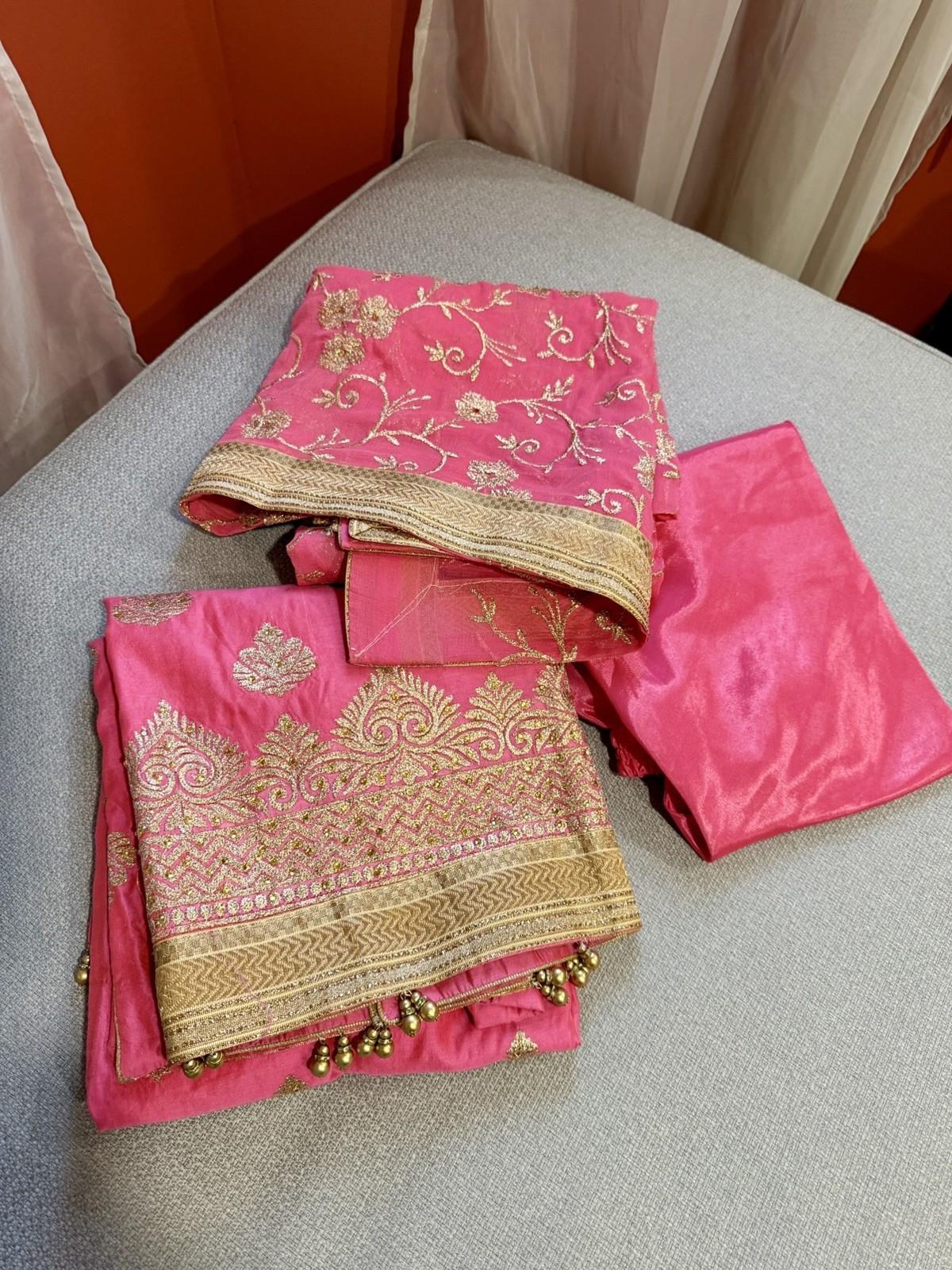 Handmade Women Pink Gold Embroidered Silk Satin Salwar Kameez Set Unstitched