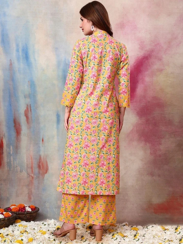 Indian Women Yellow & Pink Pure Cotton Floral Printed Kurta with Trouser Set