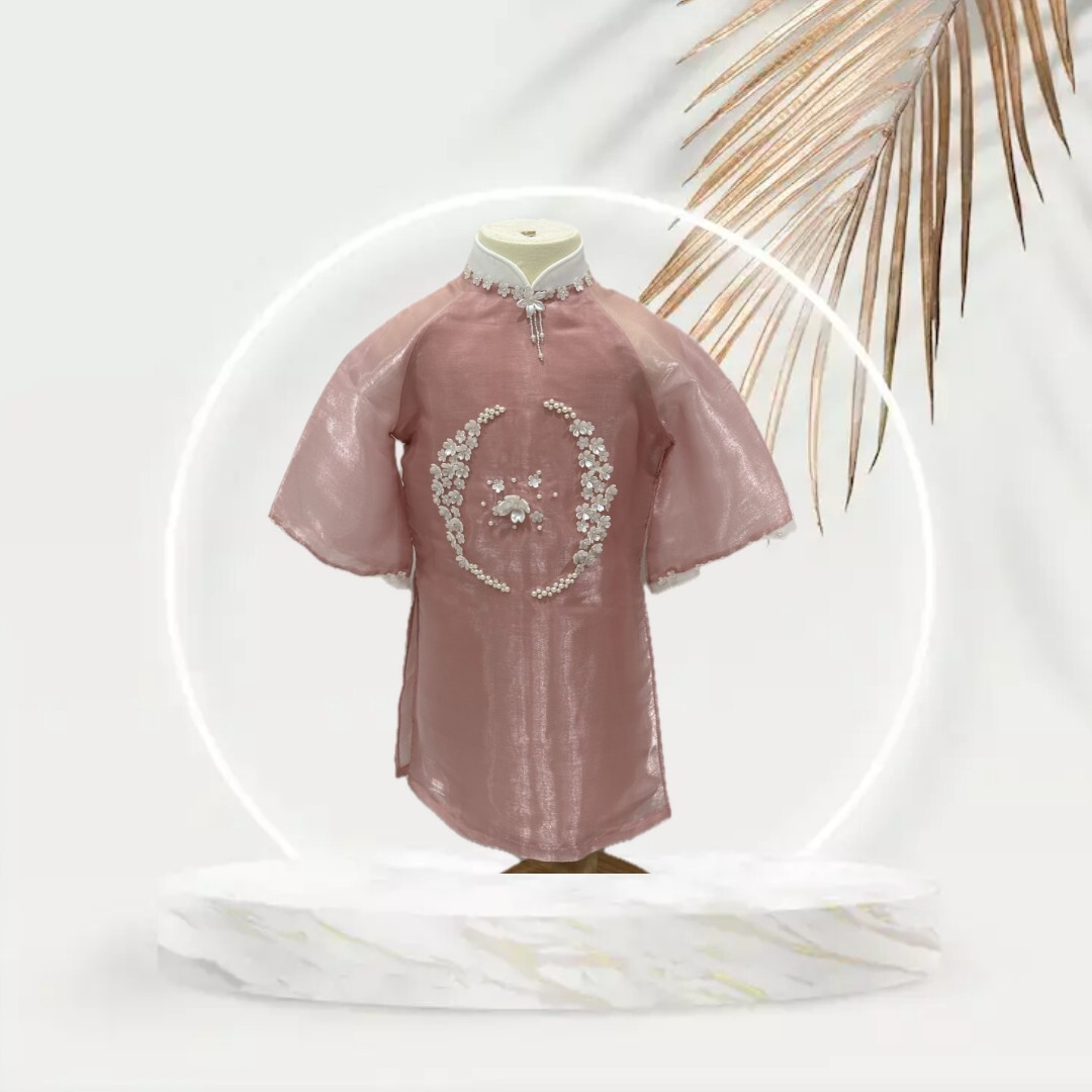 Pink Vietnamese Ao Dai with Pink Pants for Girl. Complete Set