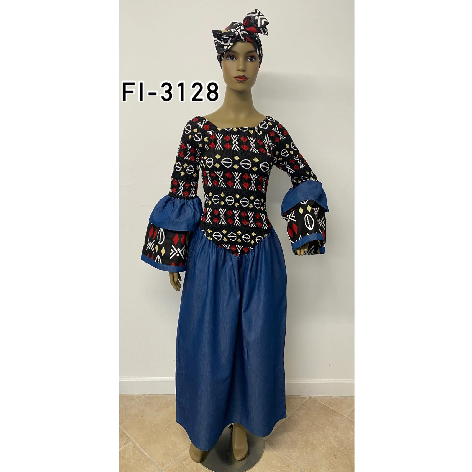 African Women’s Smocking Printed Denim Maxi Dress – FI-3128