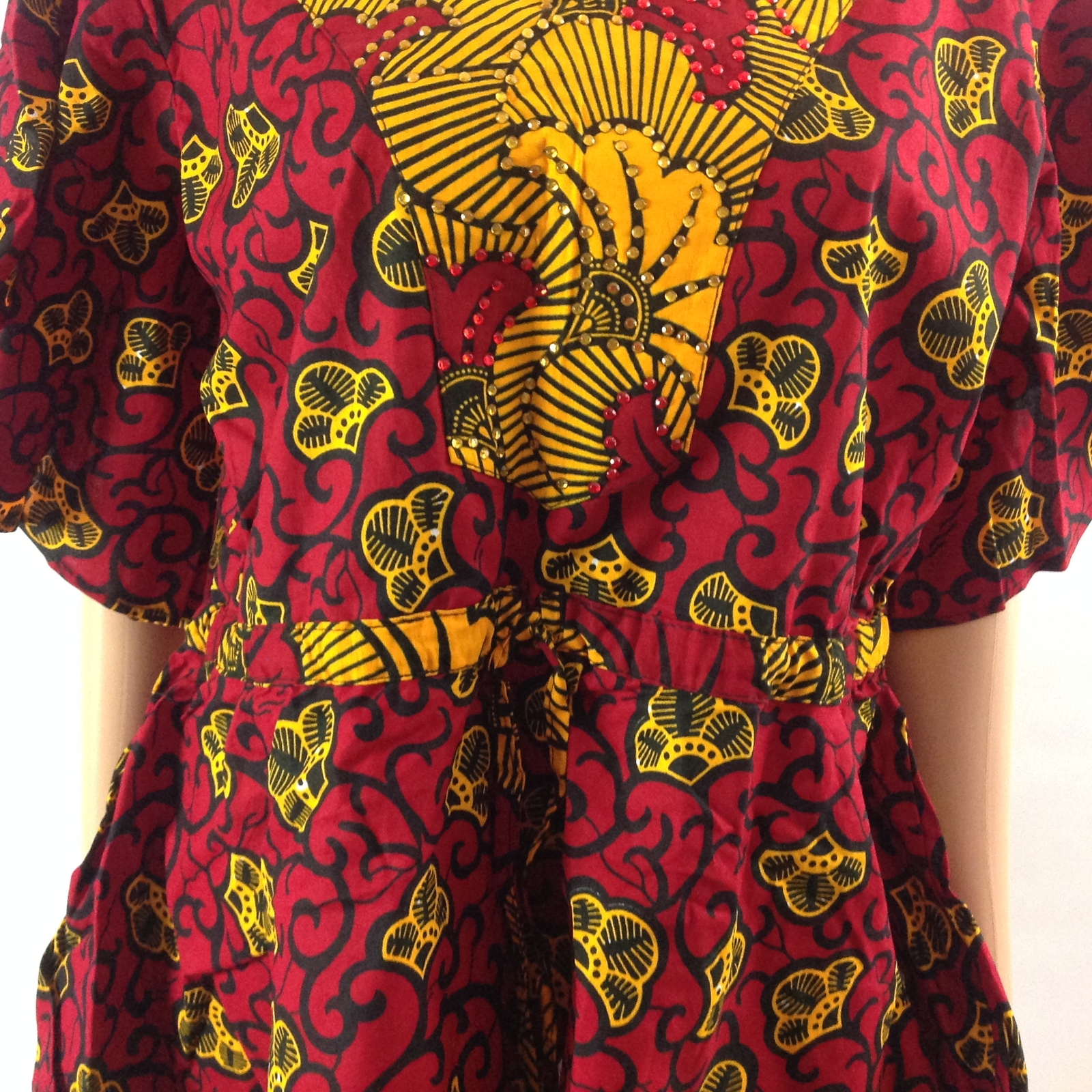 Womens Embellished V Neck Top African Kanga Print Ankara Flare Sleeve Red Sz 12