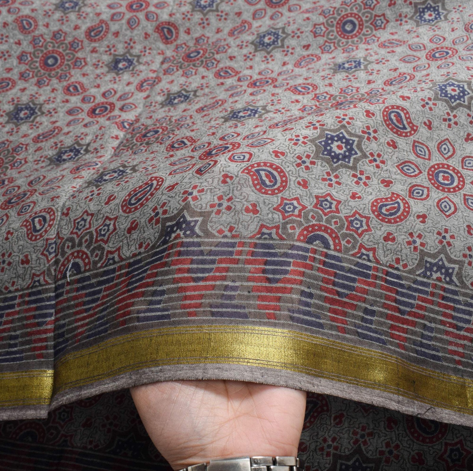 Sushila Vintage Ajrakh Block Print Saree Gray Pure Cotton Printed Soft Craft Fab
