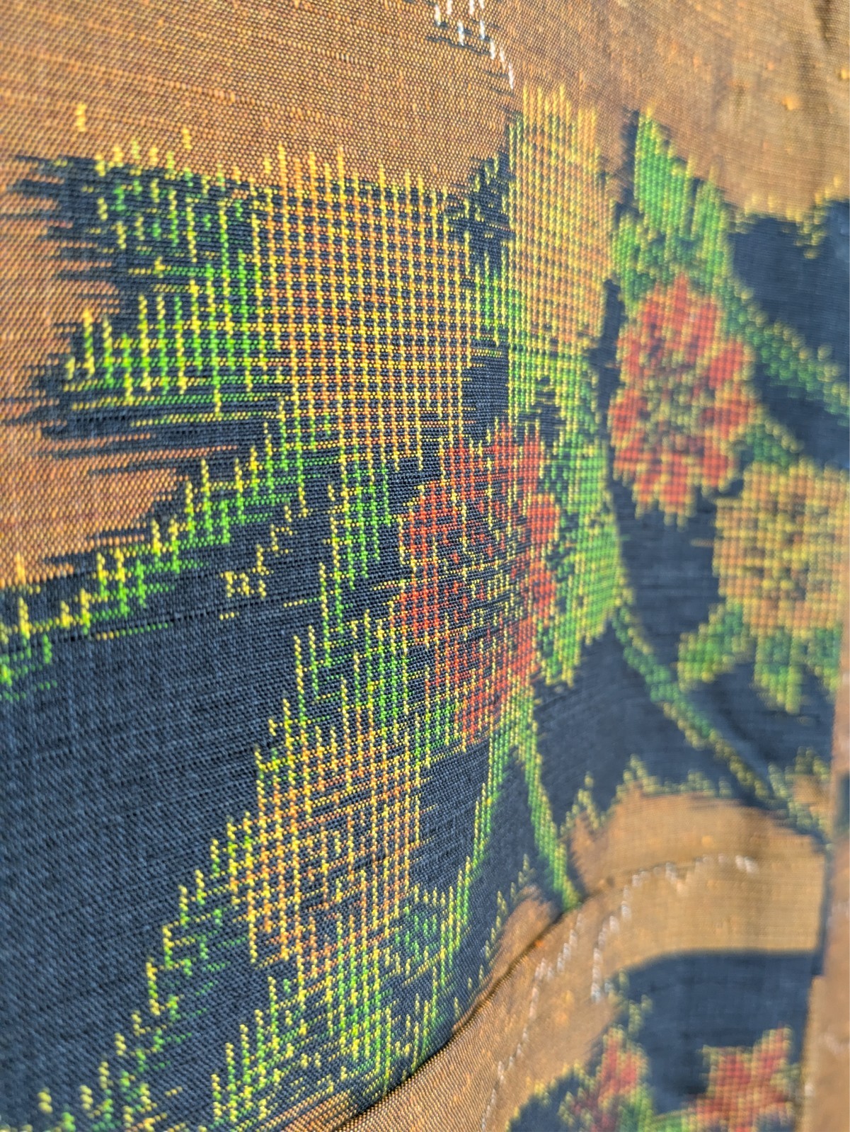 Vintage Japanese Kimono Silk Tsumugi Brown Black Floral Hand-woven Textile Art