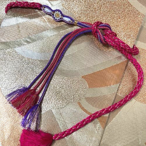 Elegant Obijime Silk Cord Purple & Fuchsia Braided with Kanzashi Accent 170cm