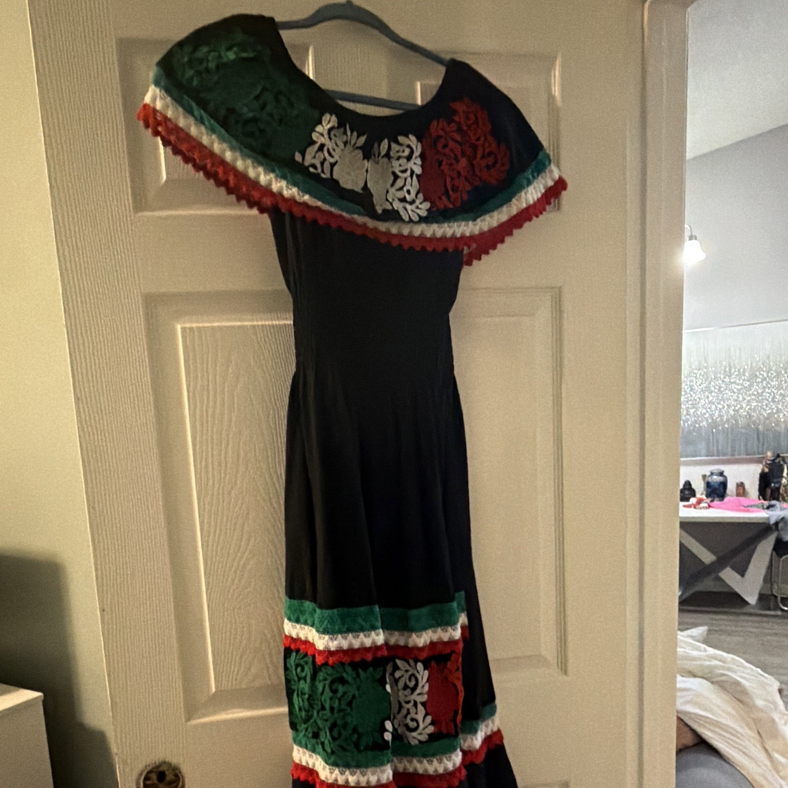 Handmade Women’s Mexican Dress Custom Size Black Off-Shoulder Ruffle Trim