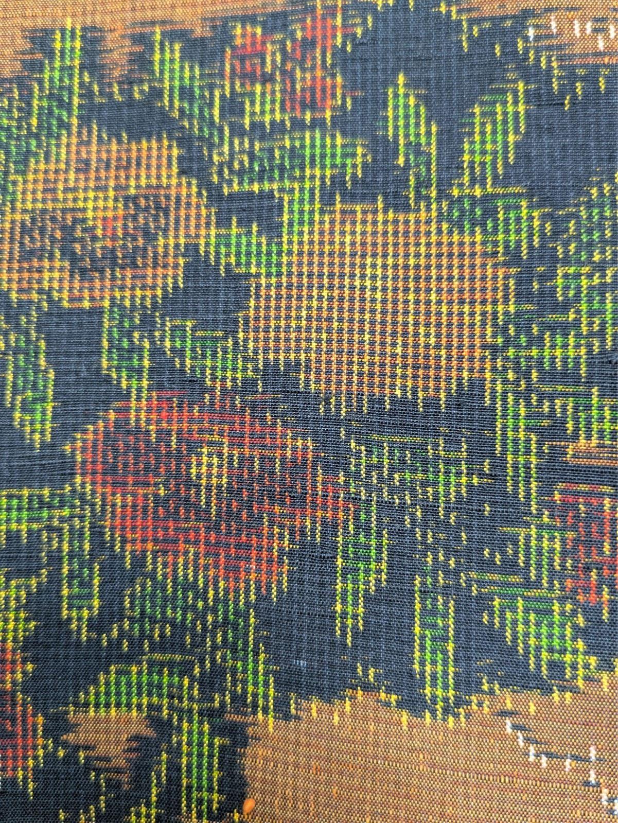 Vintage Japanese Kimono Silk Tsumugi Brown Black Floral Hand-woven Textile Art