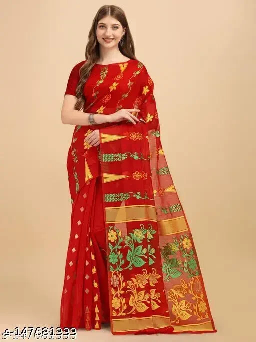 Women’s Cotton Linen Dhakai Jamdani Woven Designer Saree without Blouse