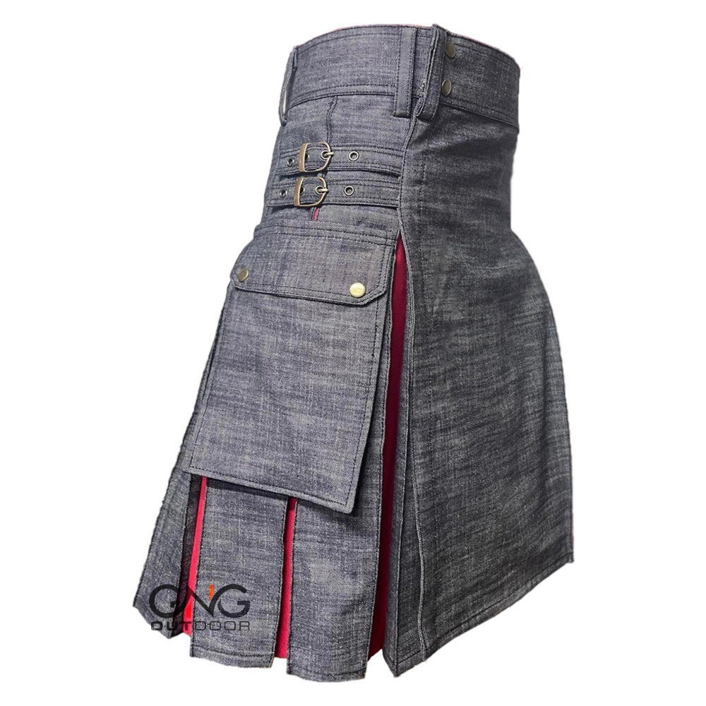 Men’s Black Denim Red Pleat Scottish Fashion Utility kilt Sports kilt Size 28-62