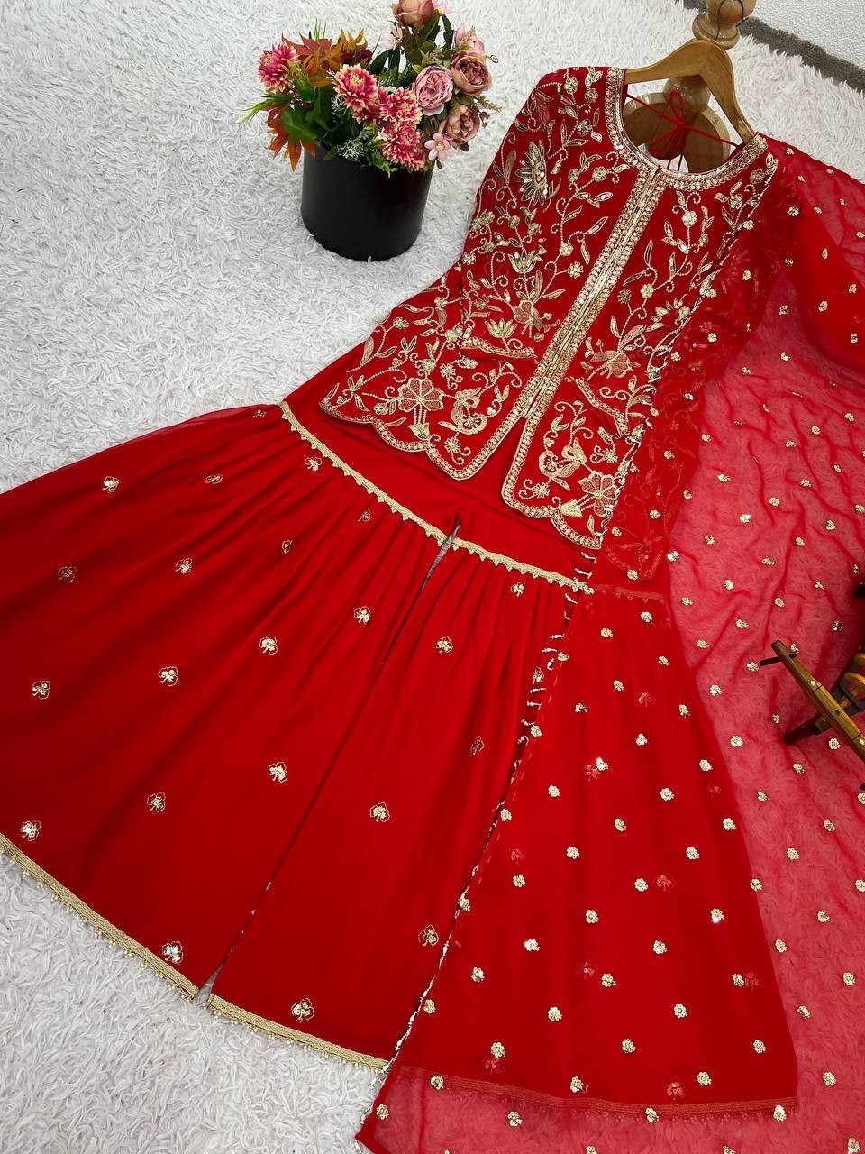 Beautiful Heavy Faux Georgette Red Top Palazzo With Dupatta For Women Function