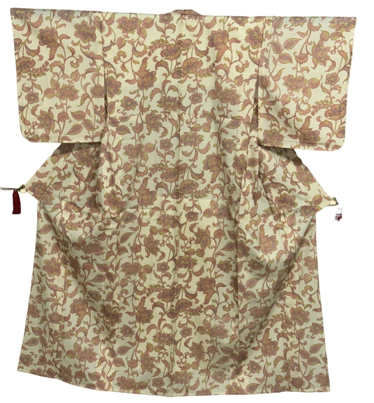 Japanese Vintage Kimono Polyester Beige Flower Expensive Tradition Heigh 61.81in