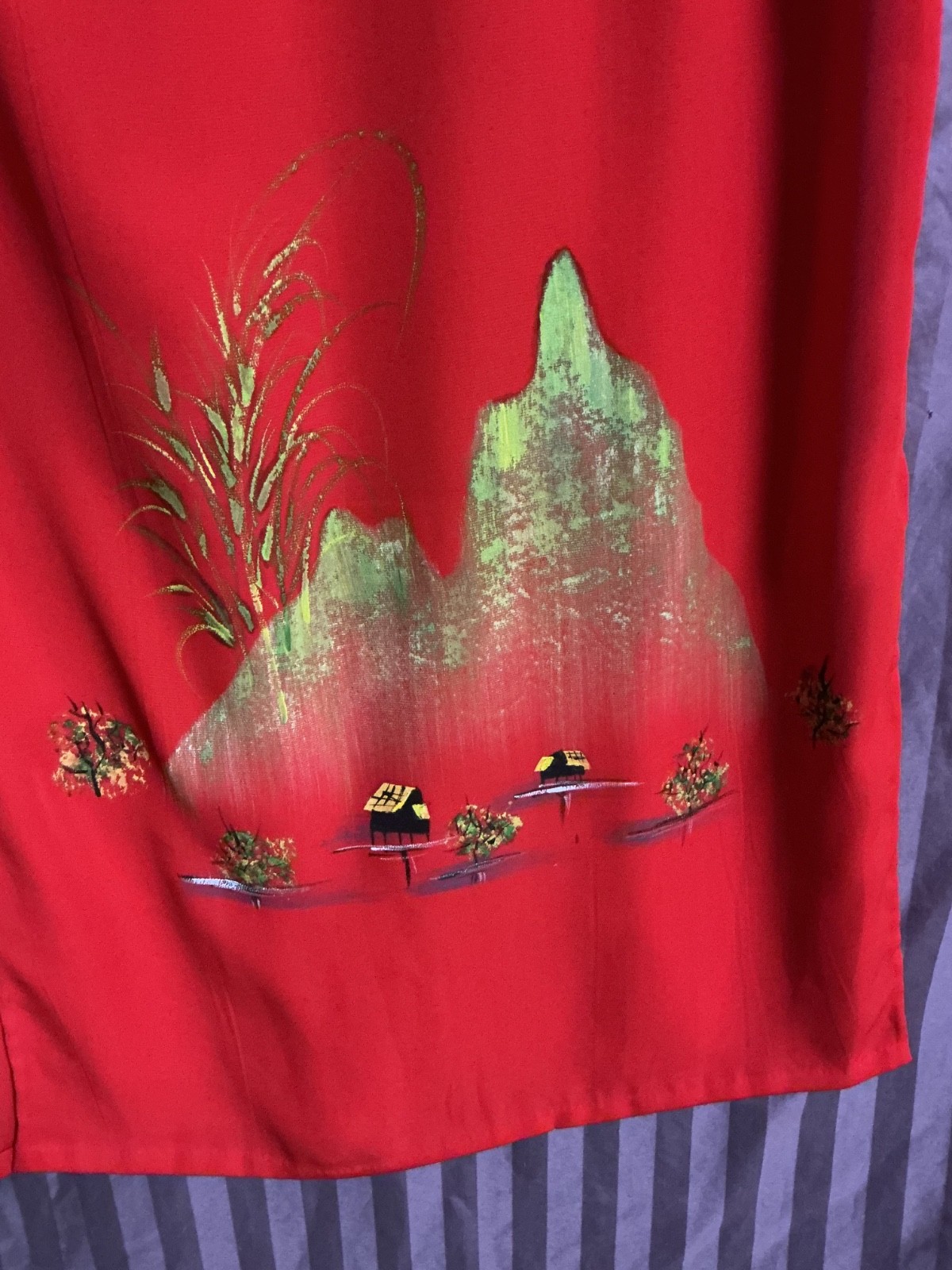 VIETNAMESE AO DAI LONG TUNIC RED SILK HAND PAINTED SZ. S