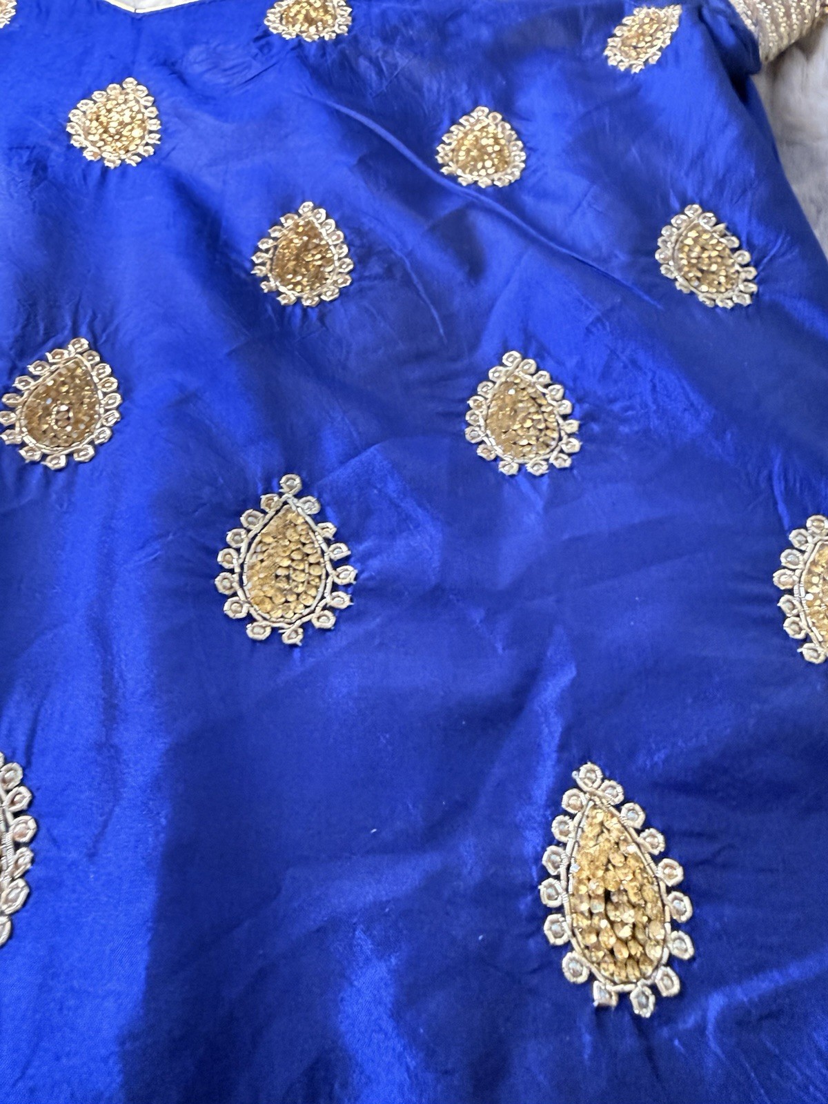 Royal Blue Gold Embroidered Silk Salwar Kameez Tunic Kurti Top Wedding Diwali XS
