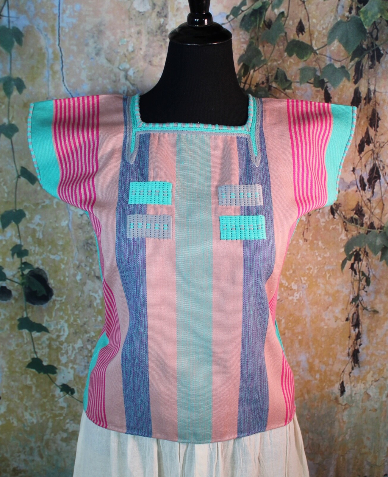 Huipil Top Stripes Handwoven Backstrap Loom Oxchuc Mayan Chiapas Mexico Fiesta