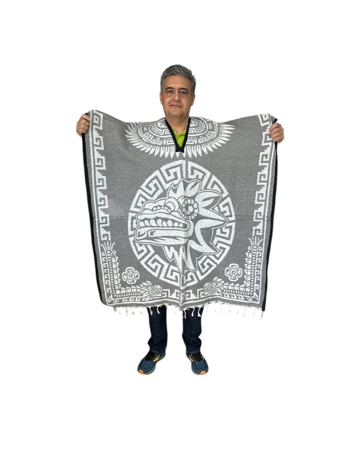 XXXL MEXICAN PONCHO , QUETZALCOATL , ONE SIZE , GABAN , LIGHT GRAY & WHITE