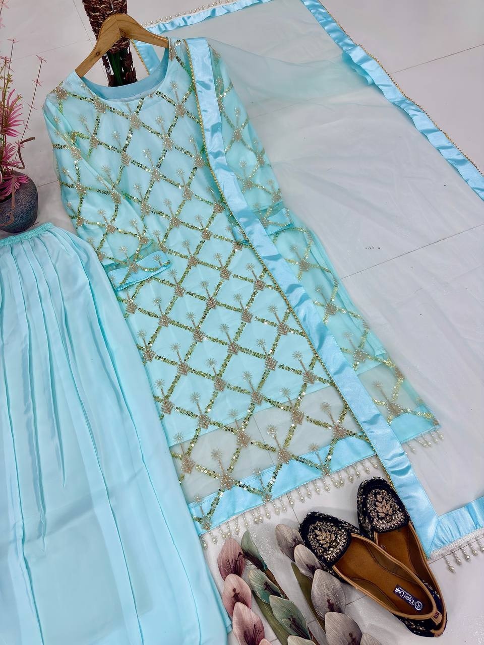 Designer Reception Wear Soft Net Kurta Palazzo With Dupatta For Women